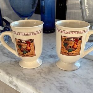 Cream Rooster Pedestal Ceramic Mugs - Set of 2